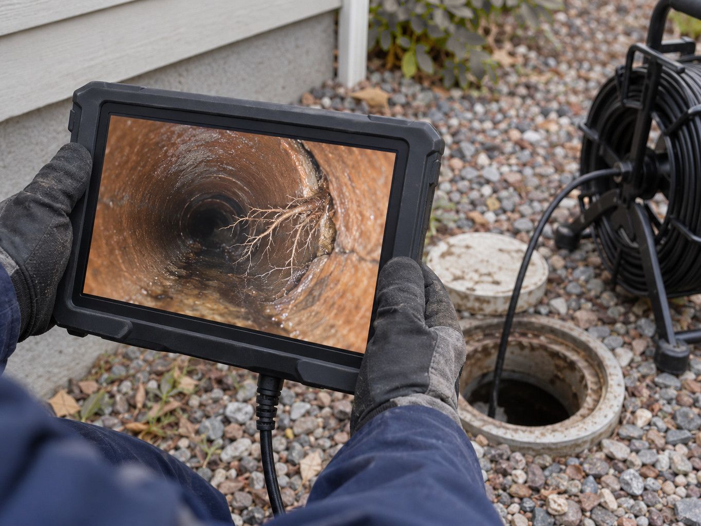 Sewer camera monitor showing tree roots inside a clay pipe, held beside an outdoor cleanout
