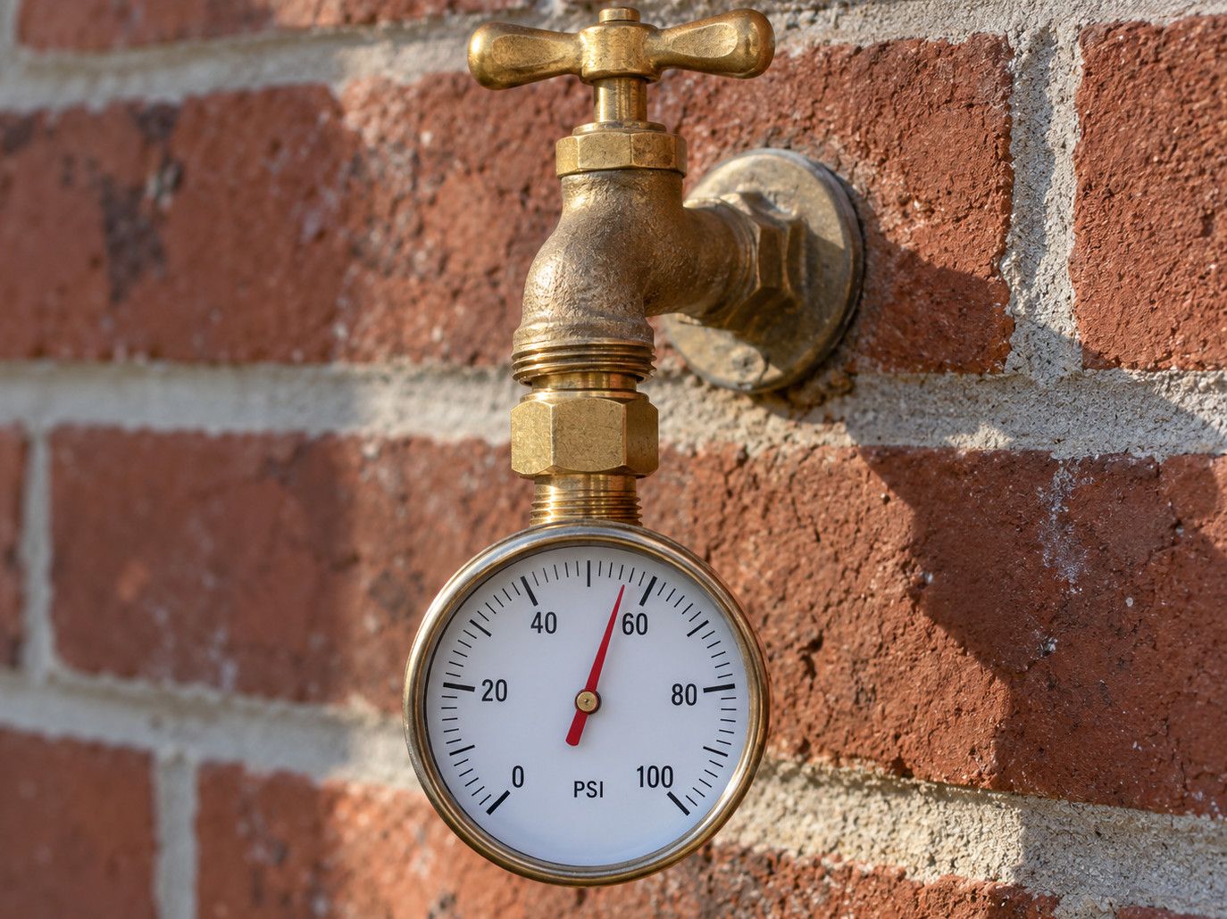 Water pressure gauge threaded onto a brass outdoor faucet on a red brick wall