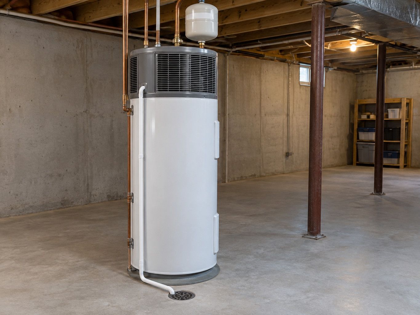 Heat pump water heater with its fan section on the upper end, standing in an open basement