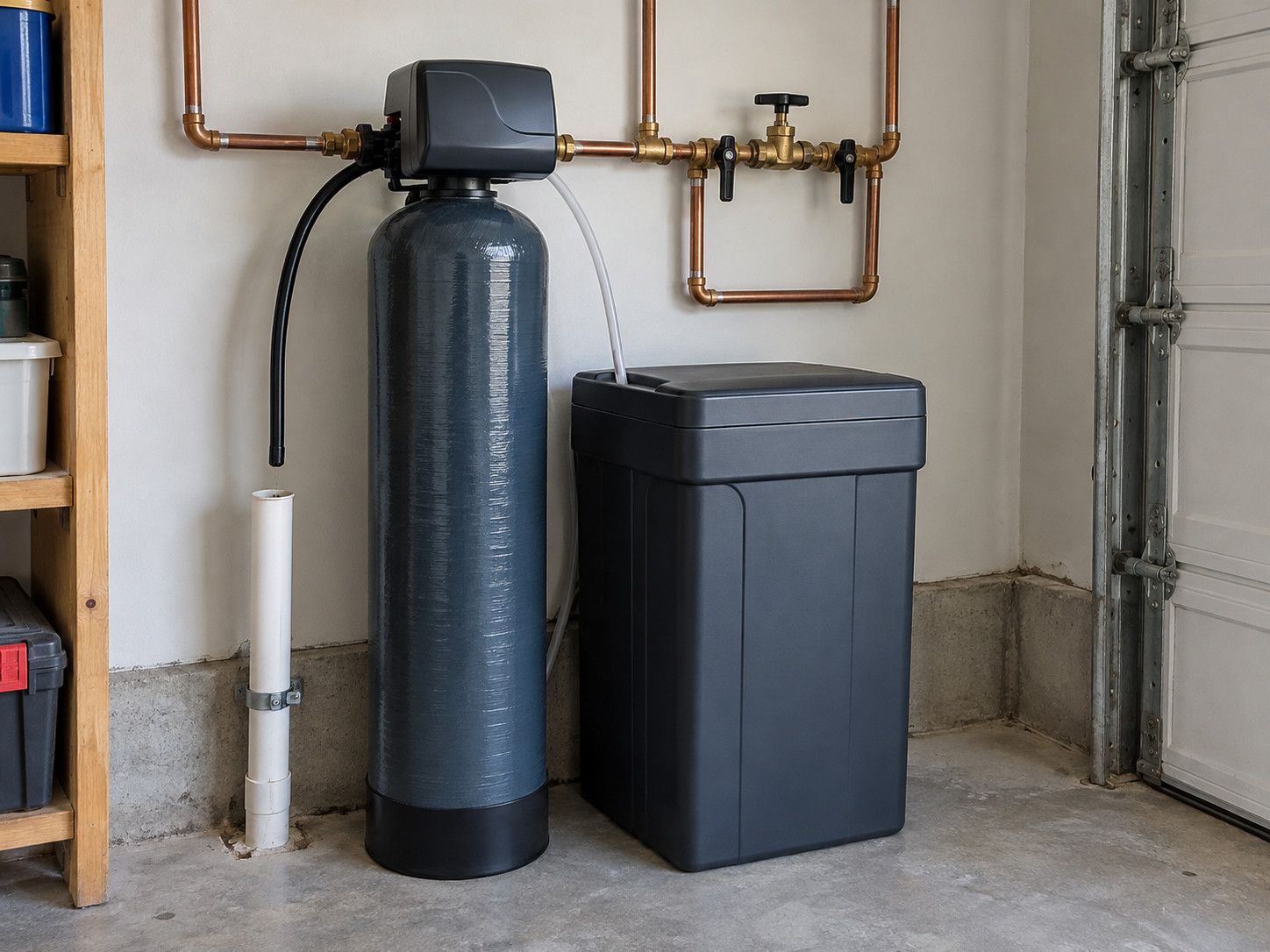 Water softener resin tank and brine tank on copper lines with a bypass valve in a garage