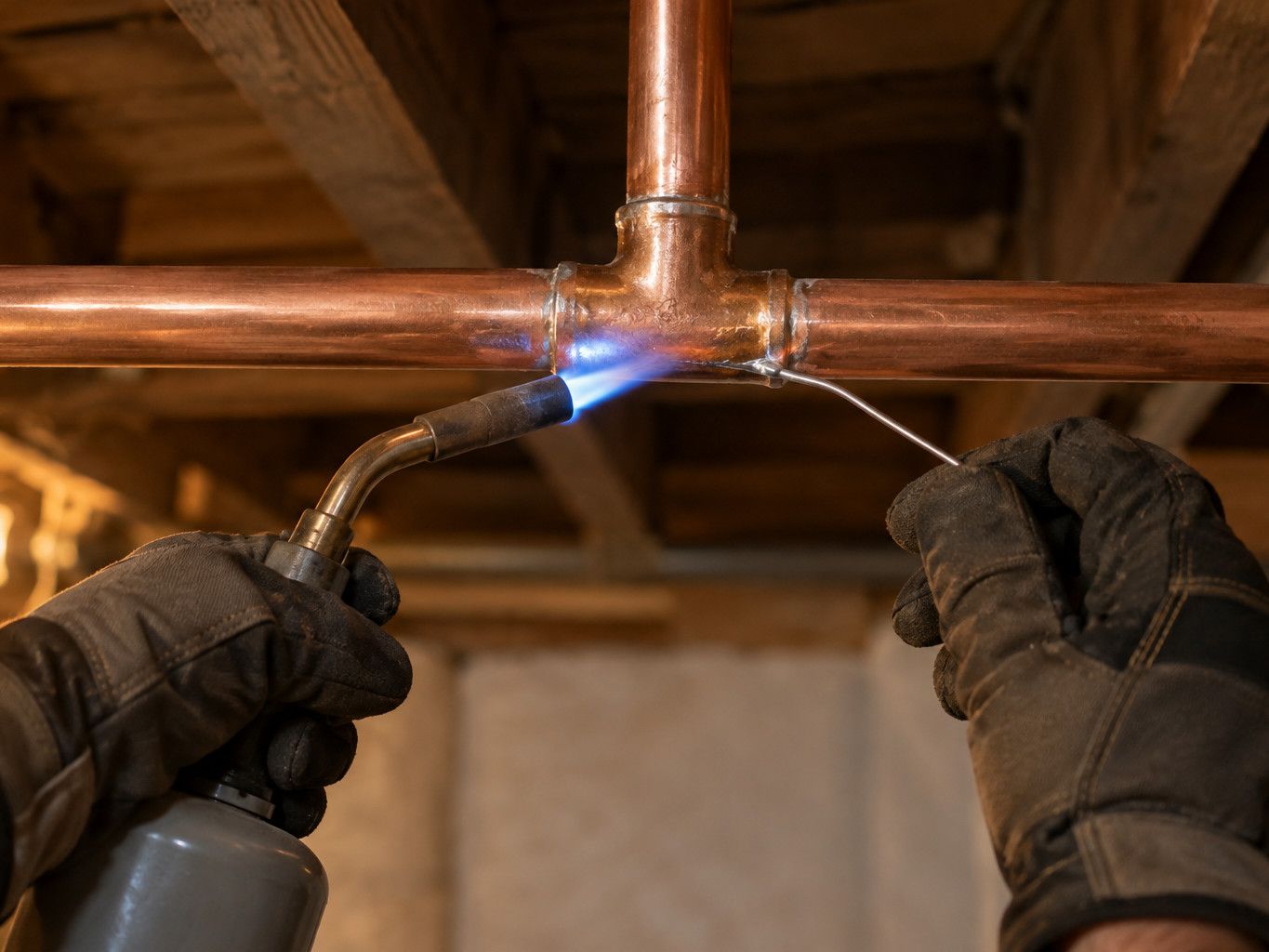 Gloved hands soldering a copper tee joint on a water line between basement floor joists