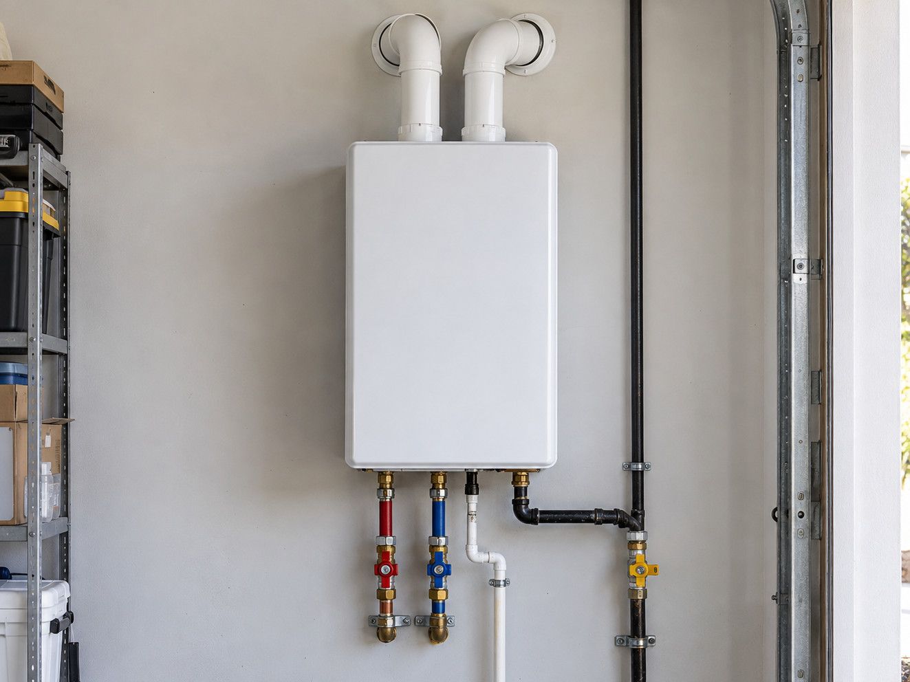 Wall-mounted tankless water heater with service valves, a gas shutoff and PVC vent pipes